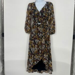 Abercrombie & Fitch Boho Floral Midi Dress Cottagecore Tie Waist Sheer Sleeve XS